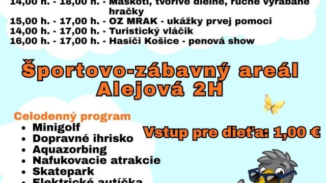 V nedeľu 31. mája sa v športovo-zábavnom areáli Alejova 2H v Košiciach chystá oslava Dňa detí s pestrým programom.